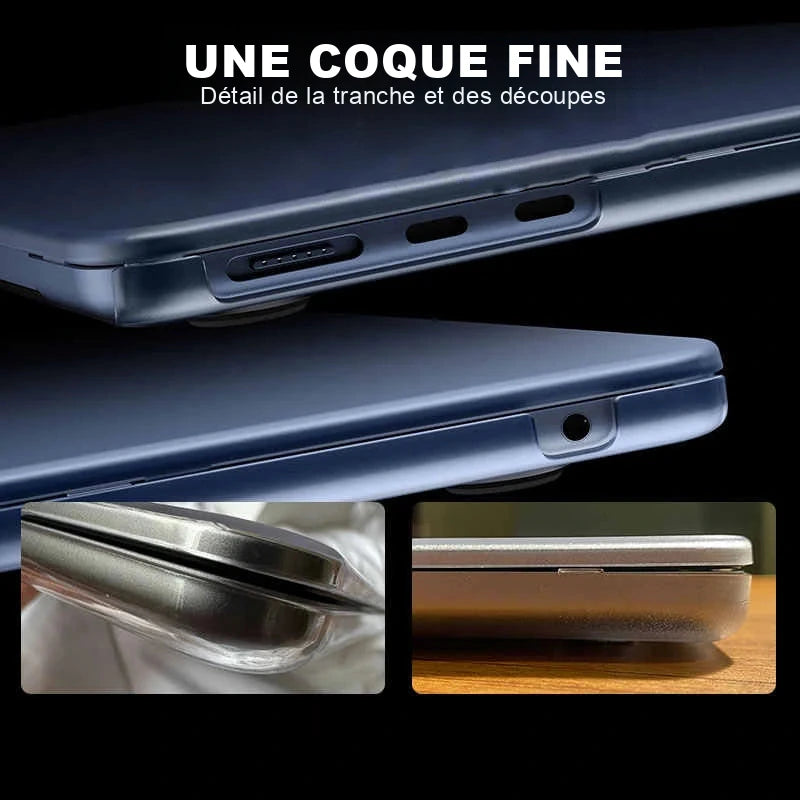 Tranche d'un MacBook bleu nuit fermé dans sa coque, avec le détail des découpes et deux gros plans de comparaison en bas.