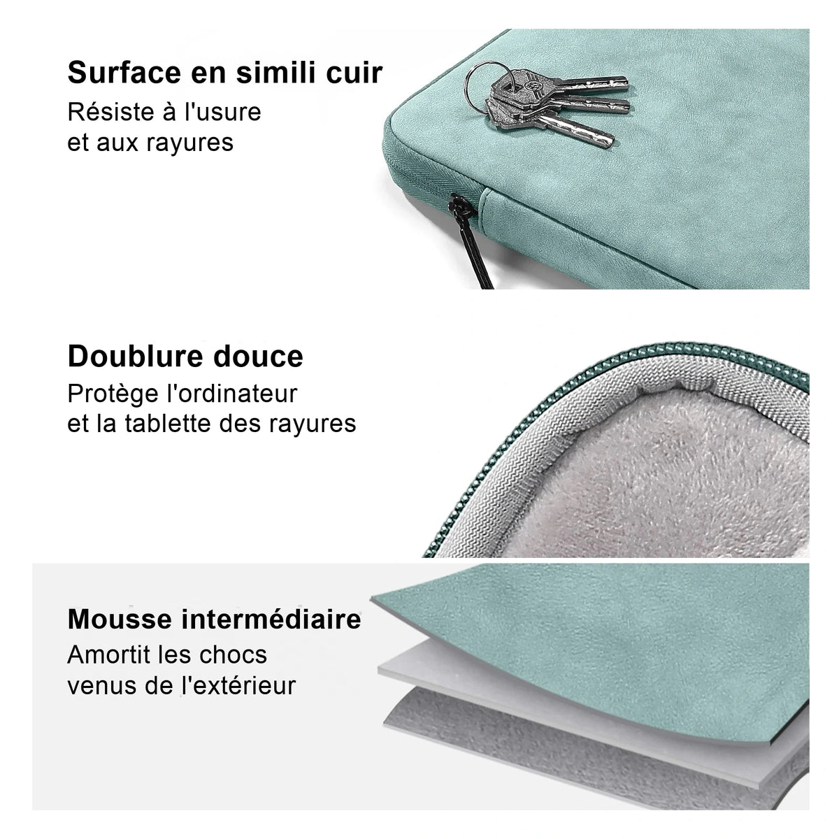 Trois détails d'une housse d'ordinateur vert d'eau : la surface en simili cuir, la doublure intérieure et la mousse entre les couches.