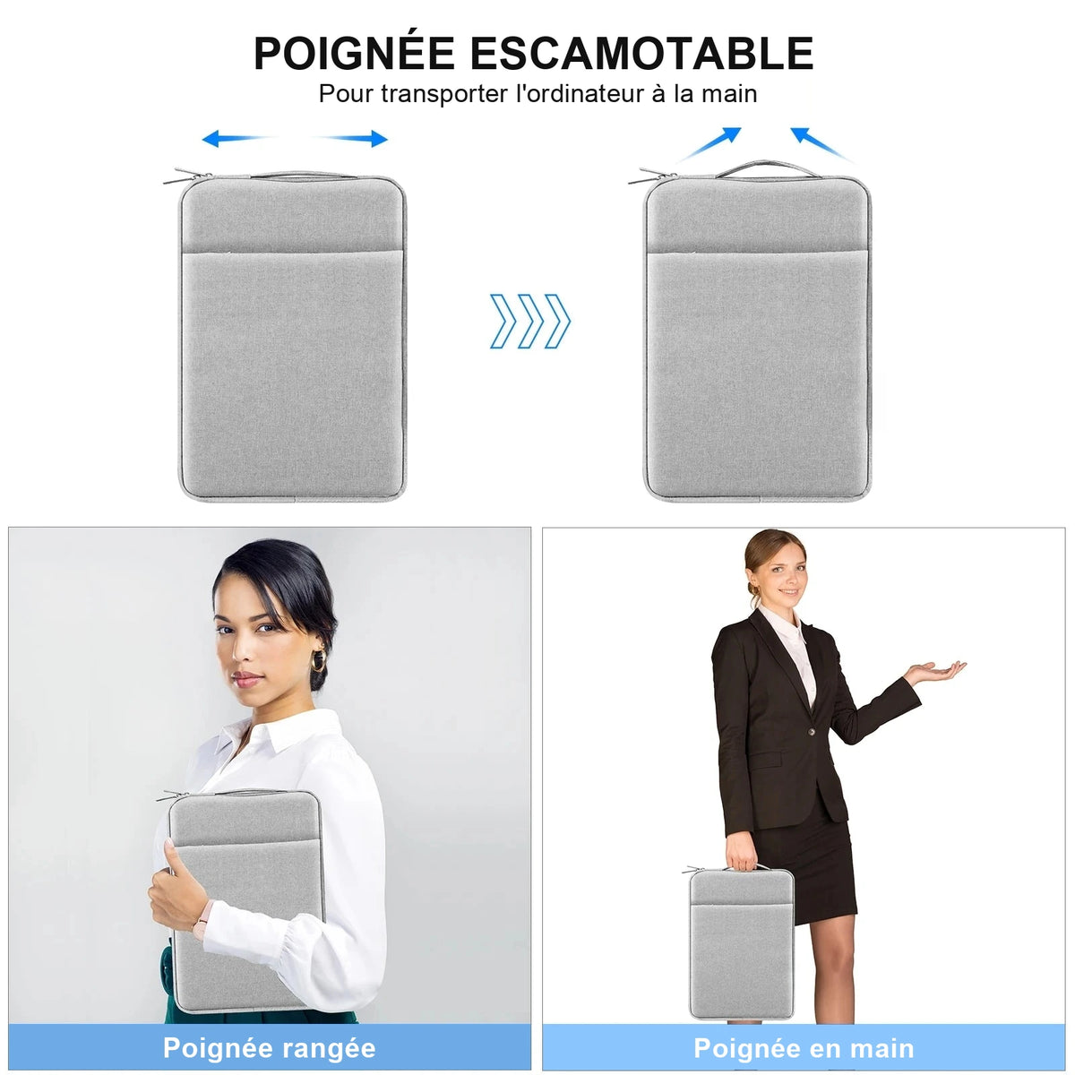 Housse grise pour ordinateur : poignée à plat, puis poignée relevée, et housse portée à la main par une utilisatrice.