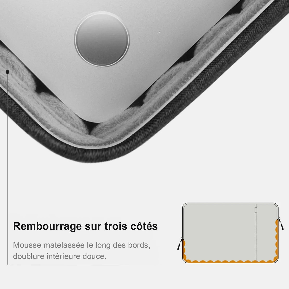Gros plan sur le coin d'un ordinateur argenté glissé dans une housse noire doublée polaire, et schéma des coussins d'air sur trois côtés.
