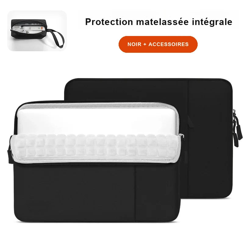 Pochette ordinateur noire matelassée, vue de face avec doublure blanche capitonnée et poche zippée arrière