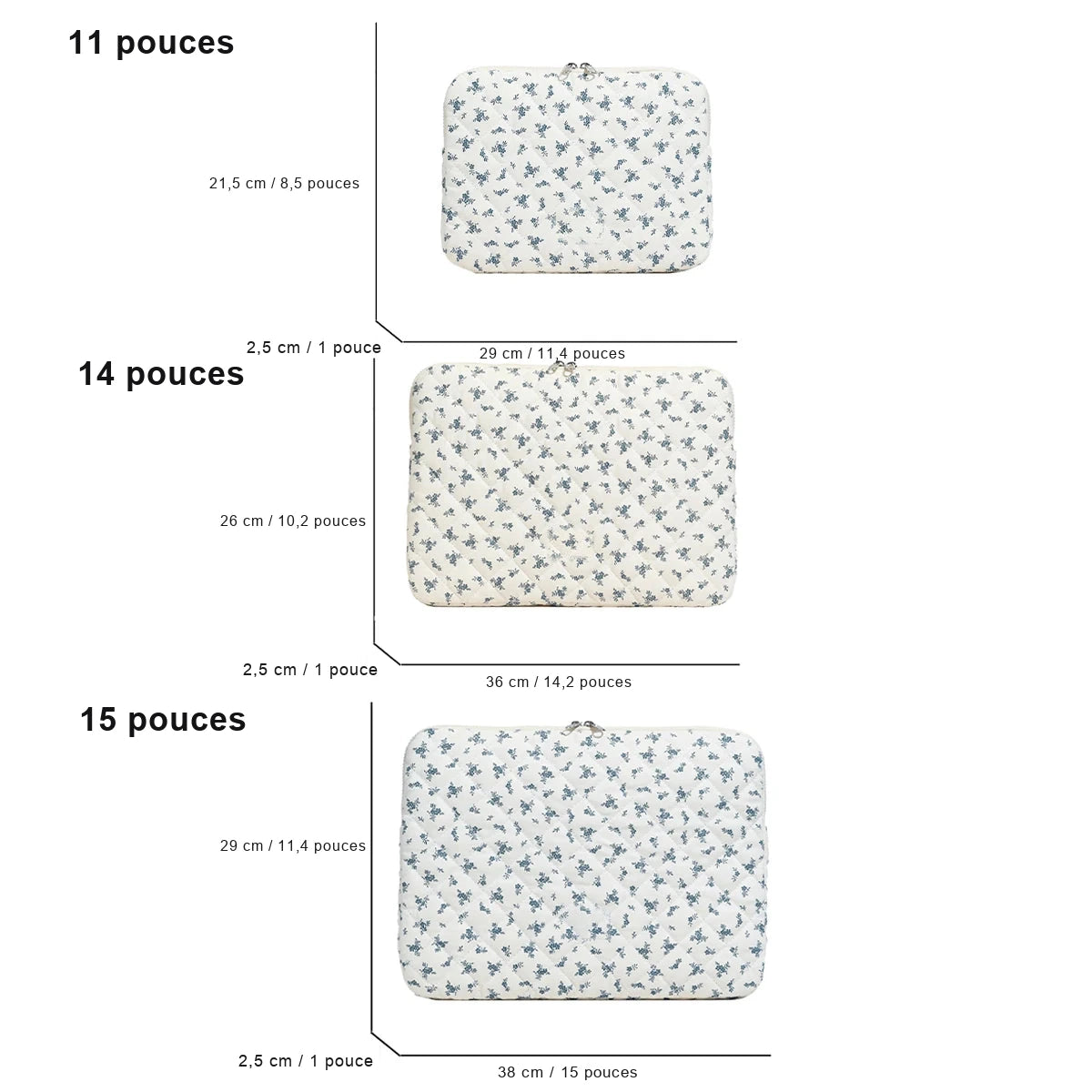 Schéma des trois tailles de housse à fleurs bleues, 11, 14 et 15 pouces, avec leurs dimensions en centimètres.