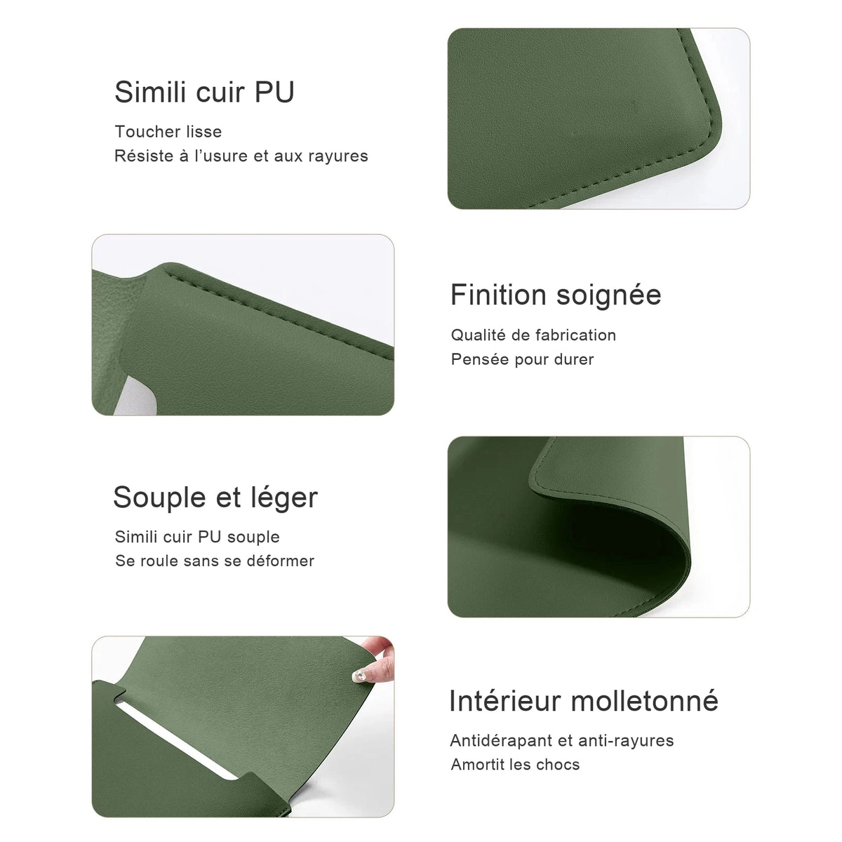 Housse d'ordinateur en simili cuir vert kaki présentée sous quatre angles : coin cousu, rabat replié, matière souple enroulée et intérieur molletonné accueillant un portable.