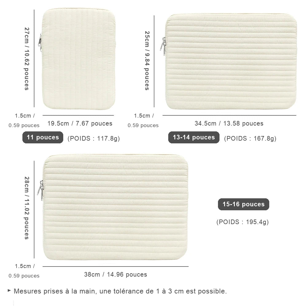 Schéma des trois tailles de housse matelassée écrue, avec leurs dimensions en centimètres et leur poids.