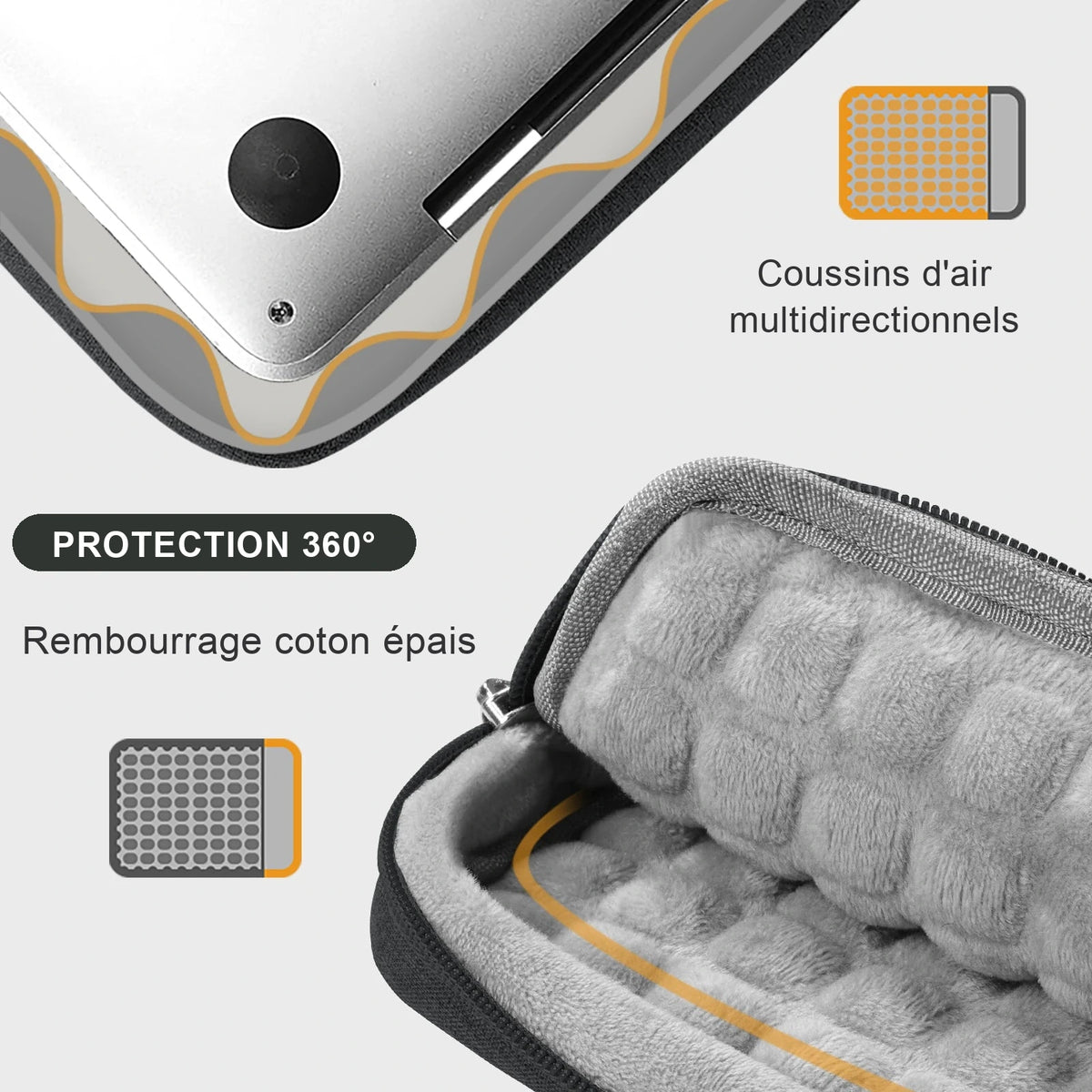 Coin d'un ordinateur portable protégé dans la housse et intérieur molletonné gris de la trousse ouverte, avec les pictogrammes de rembourrage.