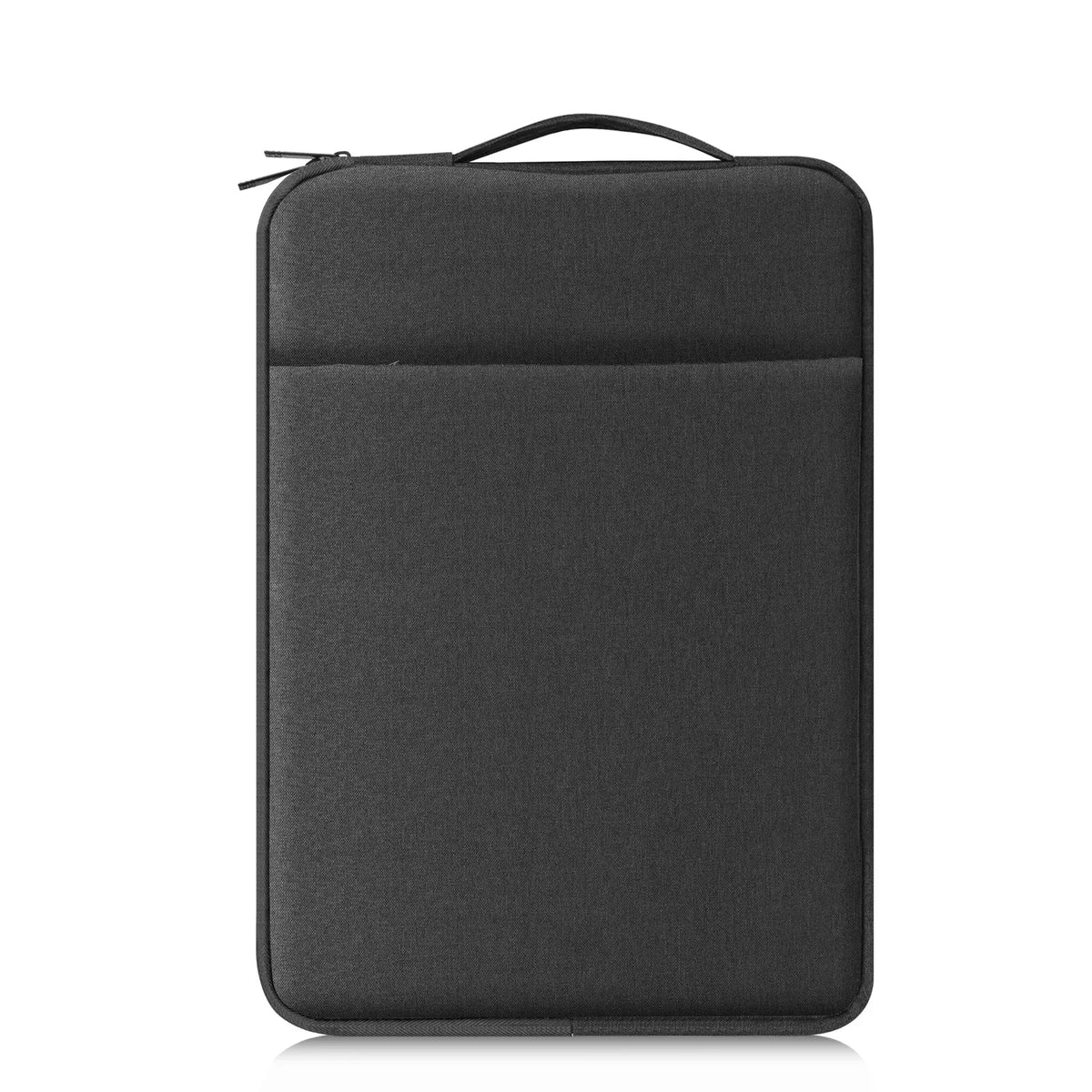 Pochette pour ordinateur portable en tissu gris anthracite, vue de face, avec poignée sur le dessus et poche plaquée fermée par zip.