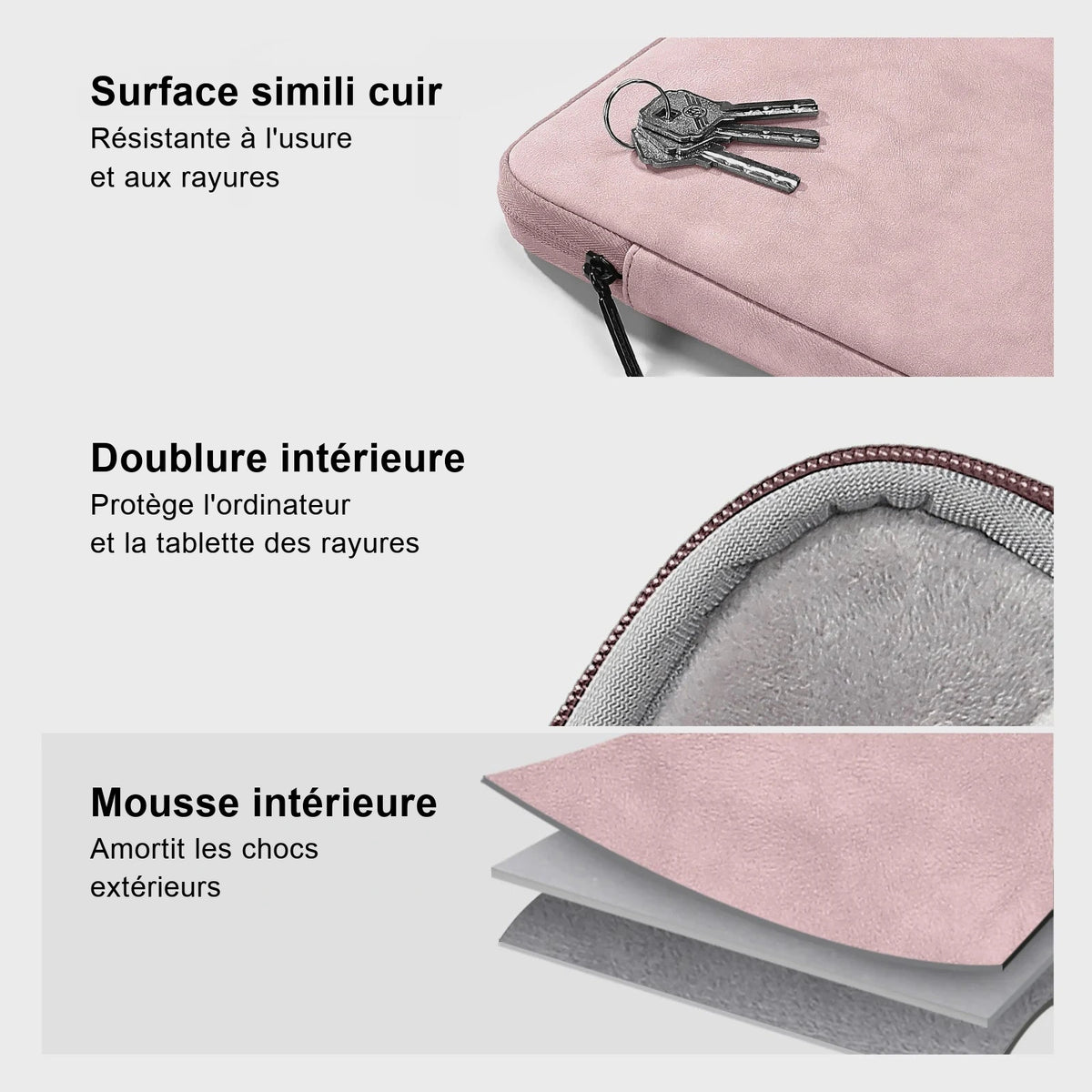 Trois détails d'une housse ordinateur rose : surface en simili cuir, doublure intérieure douce et couche de mousse.