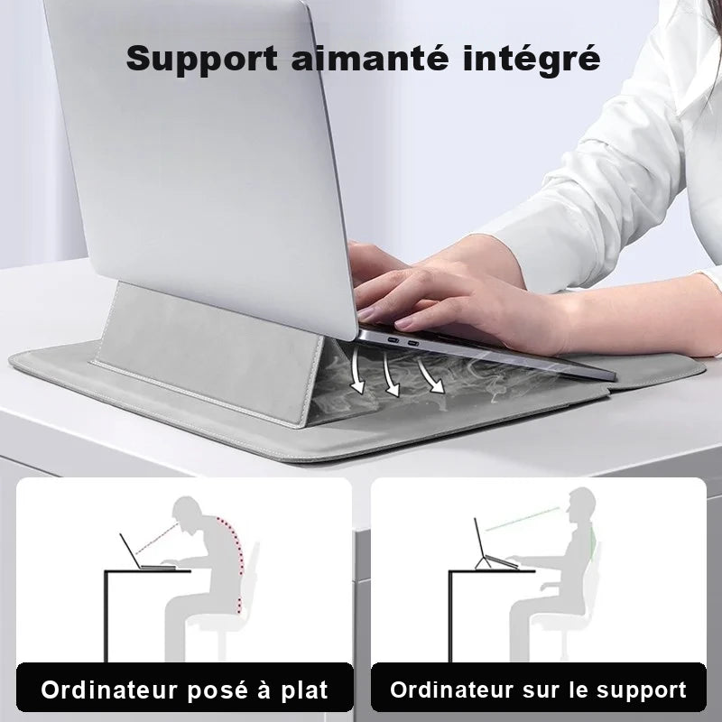 Ordinateur portable ouvert pose en biais sur un support d'appoint incline, mains posees sur le clavier ; en dessous, deux schemas illustrant la posture assise avec et sans le support.