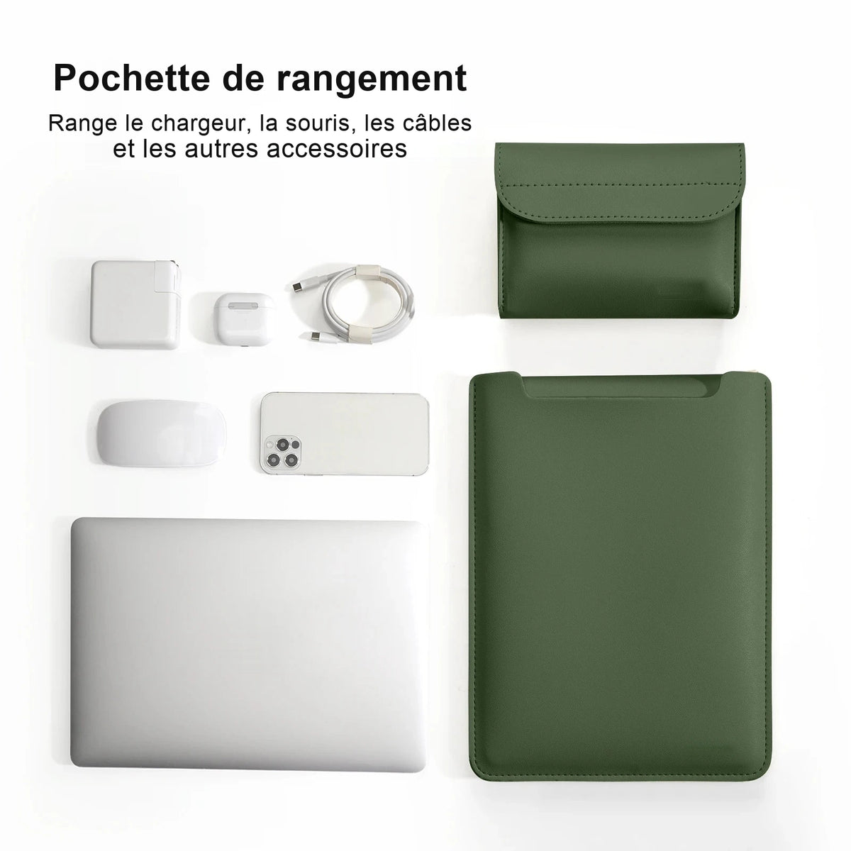 Pochette de rangement en cuir vert avec sa sacoche assortie, entourées d'un ordinateur portable, d'un téléphone, d'une souris et d'accessoires de charge, sur fond blanc.