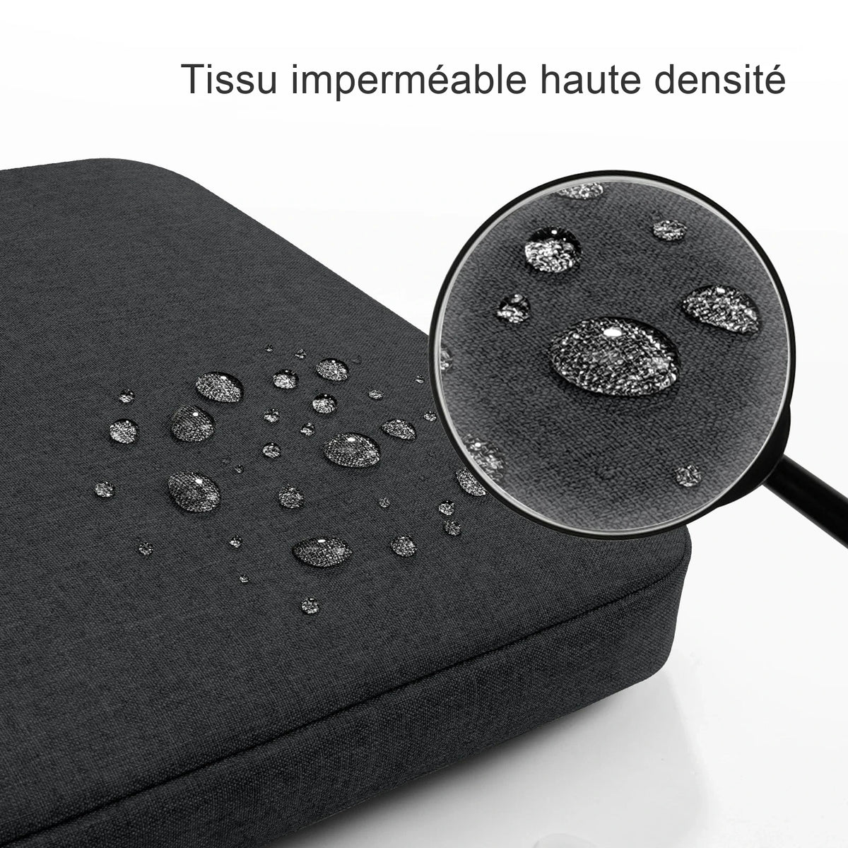 Gouttes d'eau perlant sur le tissu gris anthracite de la housse, avec un agrandissement à la loupe du tissage.