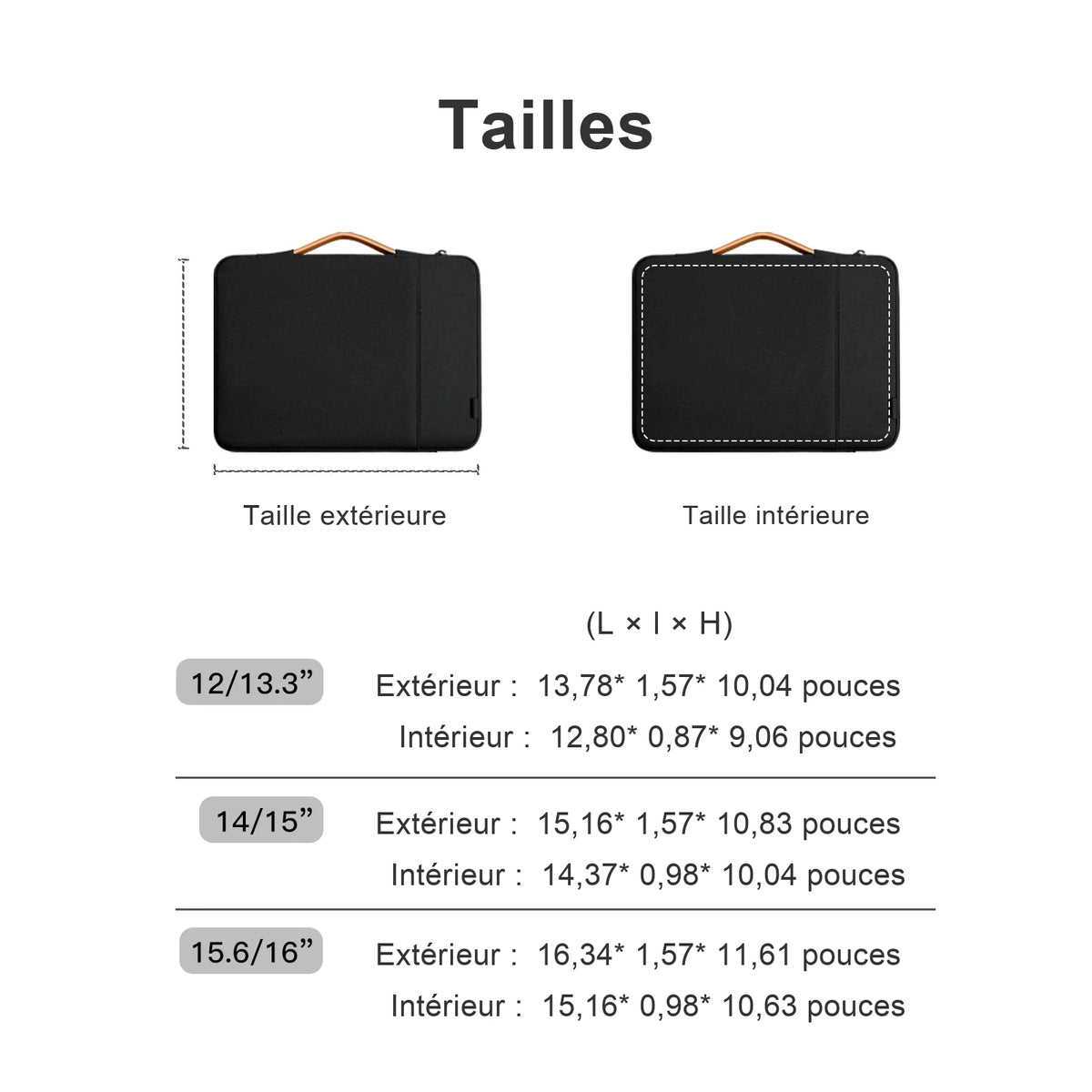 Tableau des dimensions extérieures et intérieures de la pochette pour ordinateur portable, en pouces, pour les tailles 12/13,3", 14/15" et 15,6/16".