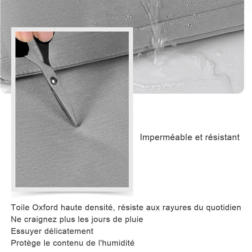 Gros plan sur la toile Oxford grise du sac : une pointe de ciseaux posée sur le tissu et de l'eau qui ruisselle dessus.