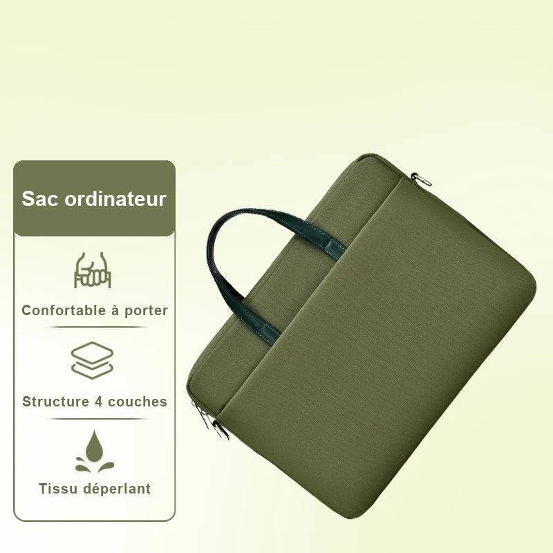 Sacoche pour ordinateur vert kaki vue de trois quarts, poignée repliée, à côté d'un encart présentant ses caractéristiques.