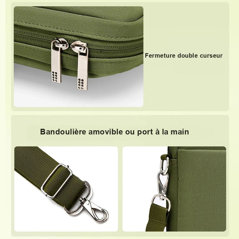 Gros plans d'un sac ordinateur en toile vert kaki : les deux curseurs de la fermeture et la bandoulière à mousqueton.