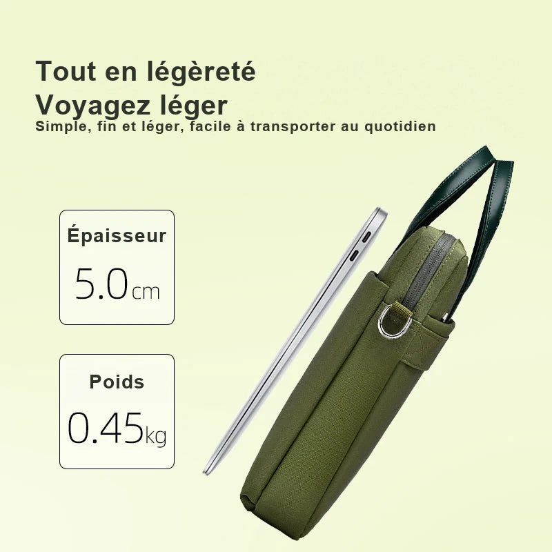 Sacoche ordinateur vert olive vue de profil à côté d'un ordinateur portable fermé, montrant sa faible épaisseur.