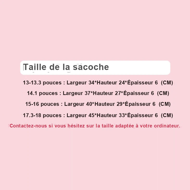 Tableau des tailles de la sacoche : dimensions en centimètres pour les ordinateurs de 13 à 18 pouces.