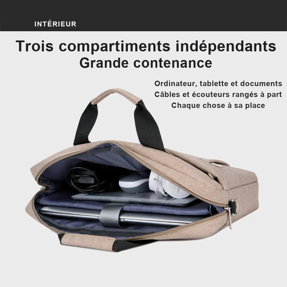 Sacoche ordinateur en toile beige ouverte, montrant ses trois compartiments doublés de bleu avec un ordinateur portable, une tablette, un casque et un câble.