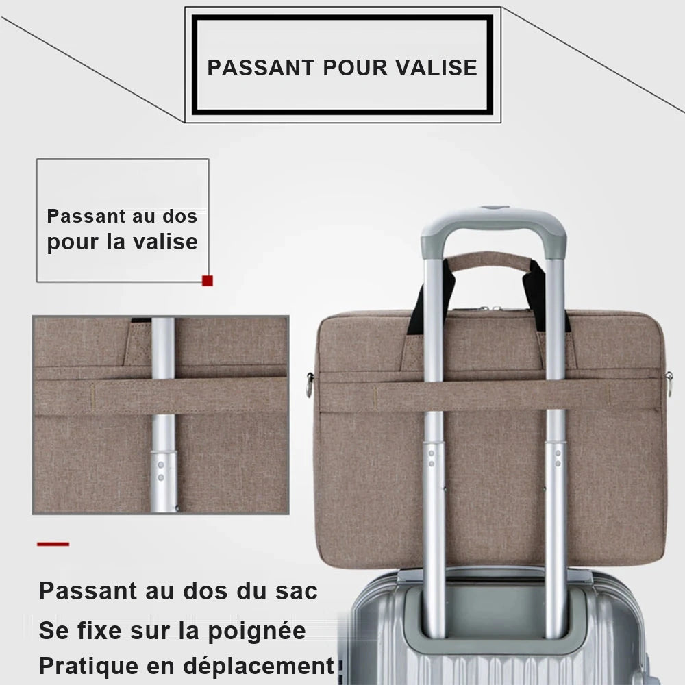 Sac ordinateur en toile beige avec un passant textile au dos qui se glisse sur la poignée télescopique d'une valise à roulettes.