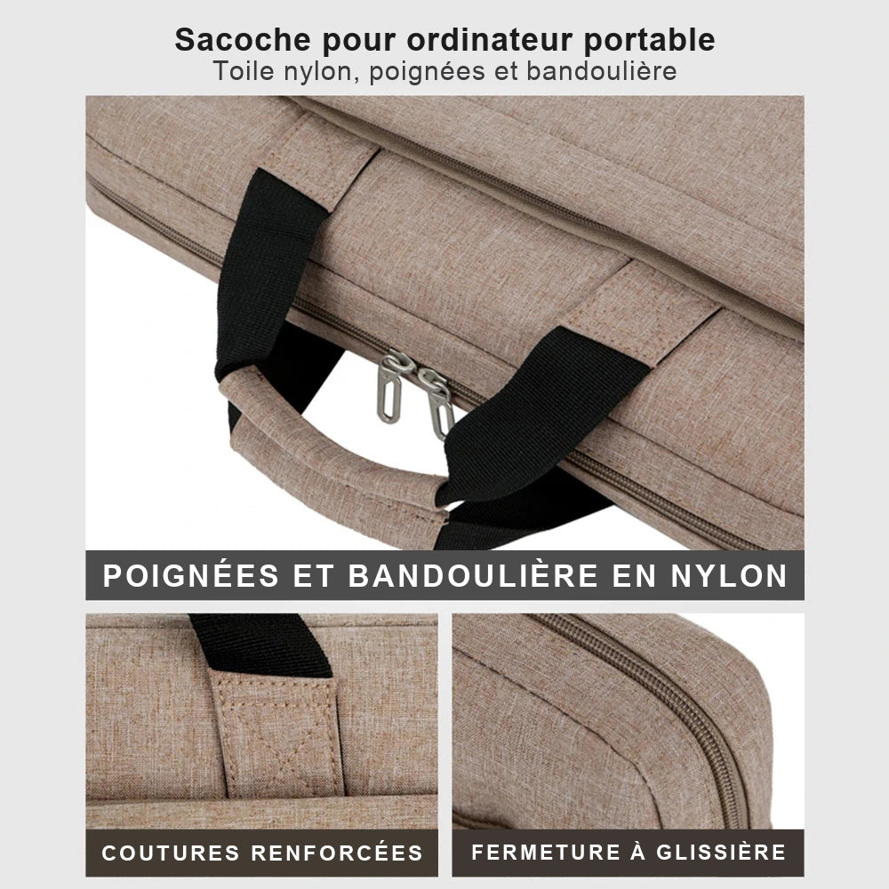 Gros plan sur les poignées et la bandoulière en nylon d'une sacoche ordinateur en toile beige, avec deux détails : les coutures de renfort et la fermeture à glissière.