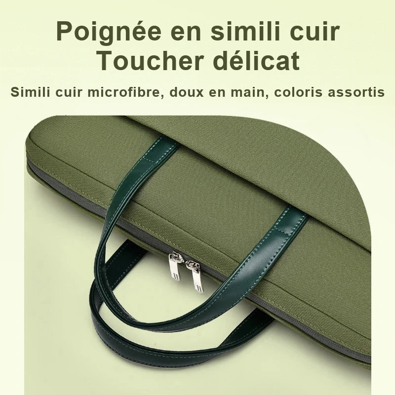 Gros plan sur la poignée en simili cuir vert foncé d'une sacoche vert olive et sur sa double fermeture à glissière.