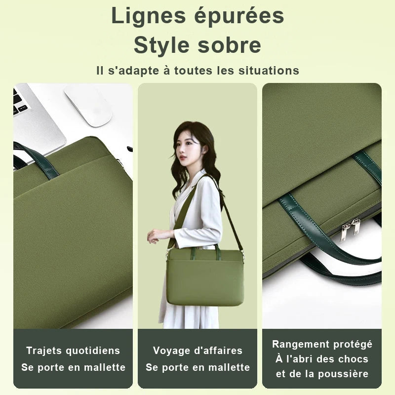 Trois vues d'une sacoche ordinateur en toile vert olive : posée sur un bureau près d'un ordinateur portable, portée en bandoulière, et gros plan sur la poignée et la fermeture.