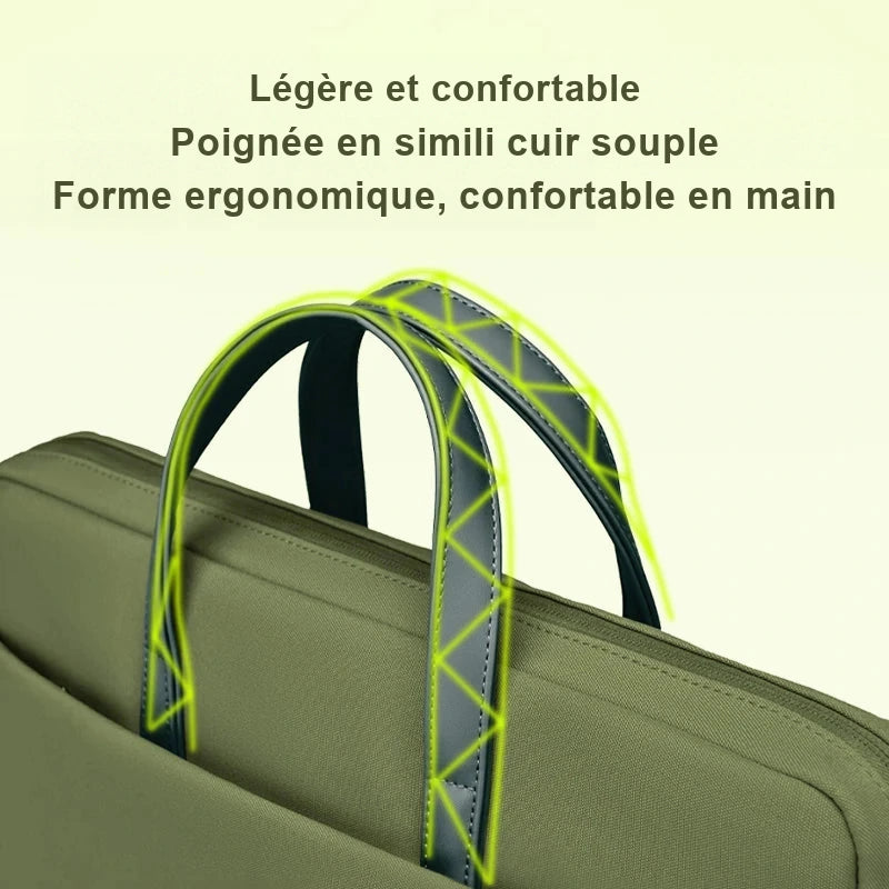 Gros plan sur les deux poignées souples d'une sacoche vert olive, un tracé lumineux soulignant la courbe de la prise en main.
