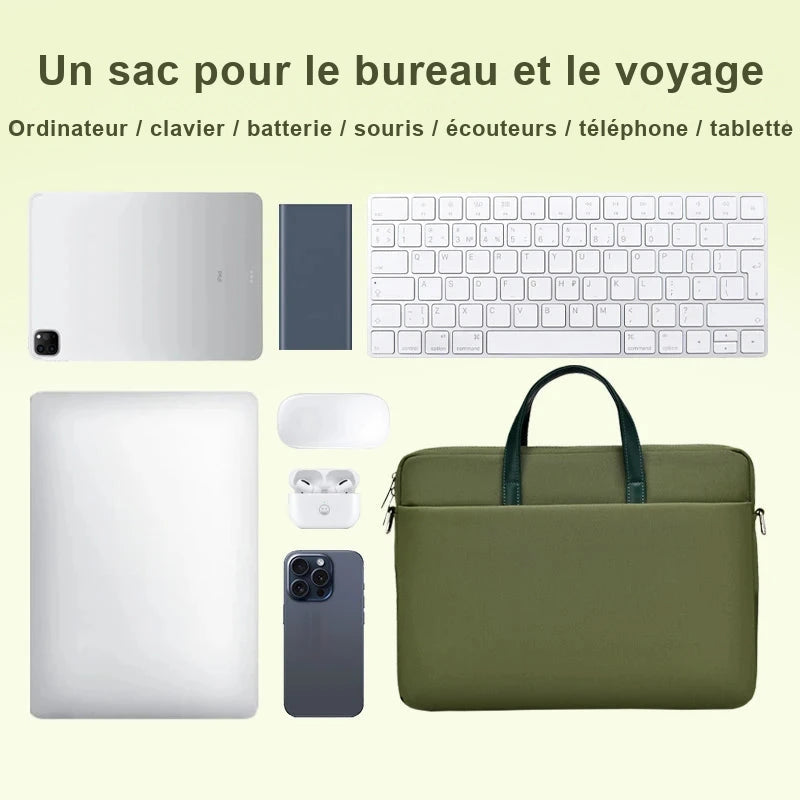 Vue à plat d'une sacoche vert olive entourée d'un ordinateur portable, d'une tablette, d'un clavier, d'une batterie externe, d'une souris, d'écouteurs et d'un téléphone.