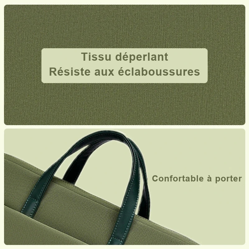 Deux gros plans du sac vert kaki : la trame du tissu en haut, les deux anses en similicuir vert foncé en bas.