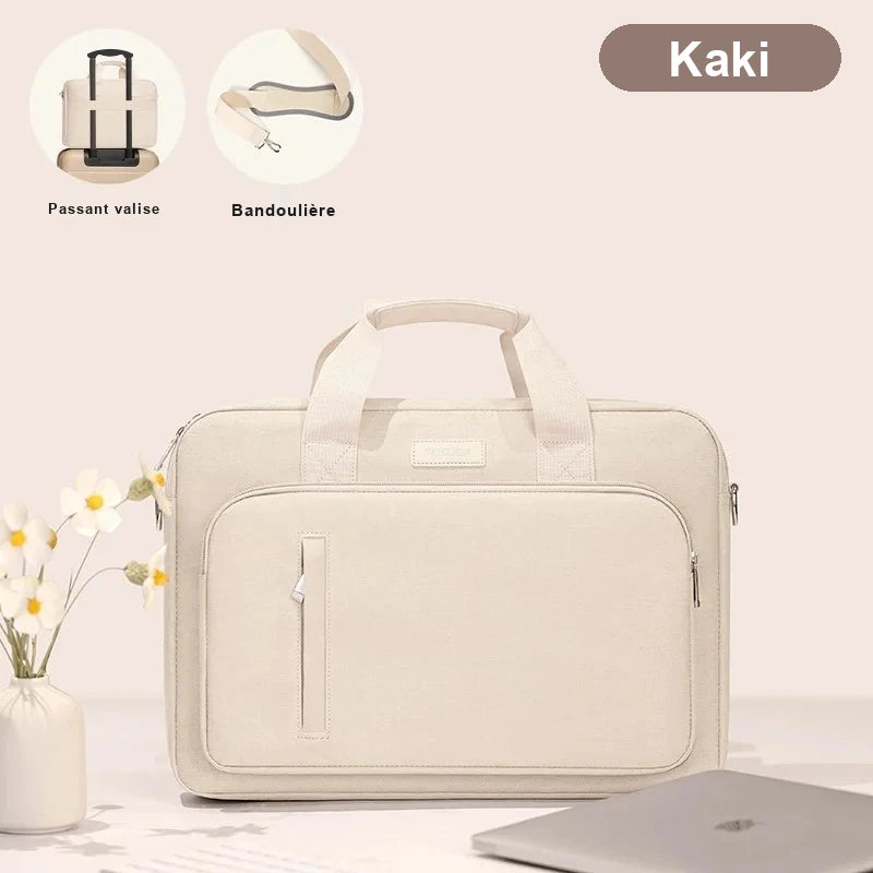 Sacoche pour ordinateur portable coloris kaki clair, vue de face, avec deux vignettes de detail : passant valise et bandouliere.