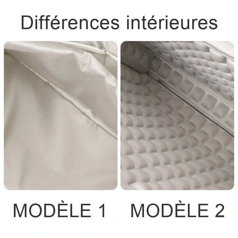 Deux gros plans de l'intérieur d'une sacoche : à gauche une doublure en toile lisse, à droite une doublure en mousse matelassée à alvéoles.