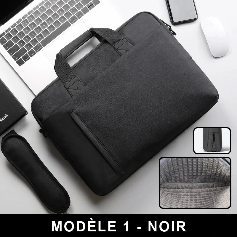 Sacoche pour ordinateur portable en nylon noir, poignée et poche avant zippée, posée sur un bureau avec un ordinateur portable et un téléphone ; vignette de l'intérieur compartimenté.
