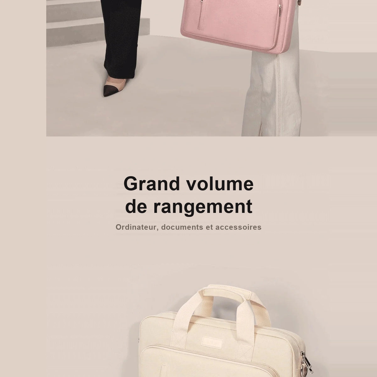 Sacoche pour ordinateur en toile beige posée au sol, et housse rose portée à la main.