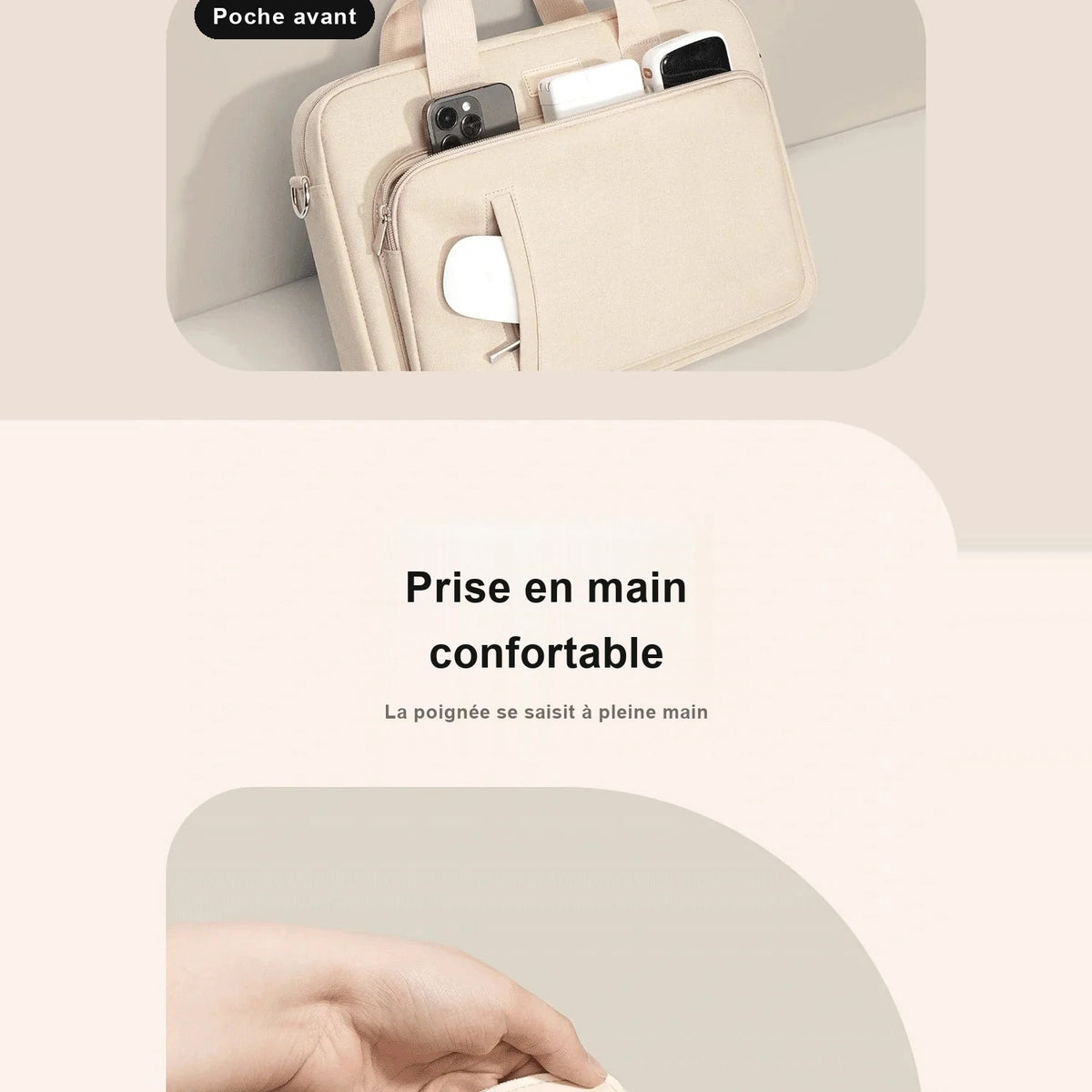 Poche avant d'une sacoche beige contenant un téléphone et un boîtier d'écouteurs, au-dessus d'une main qui saisit la poignée.