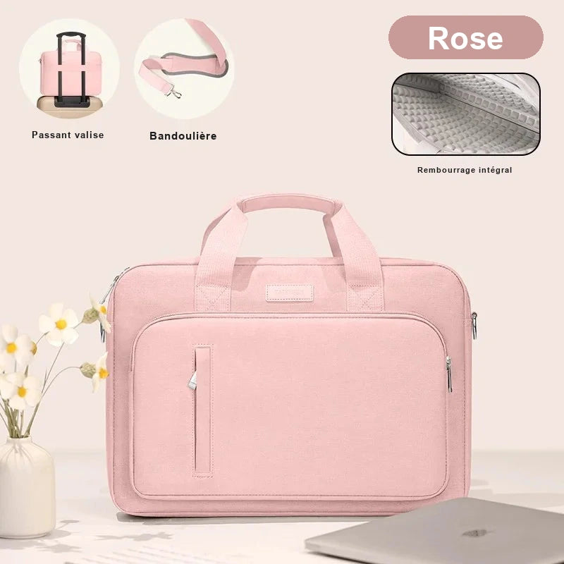 Sacoche rose pour ordinateur portable vue de face, avec ses vignettes de detail : passant valise, bandouliere et rembourrage interieur.