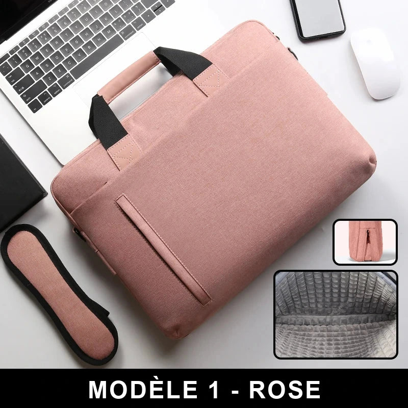 Sacoche à ordinateur portable en toile rose, vue de dessus sur un bureau, avec deux vignettes montrant la fermeture éclair et la doublure alvéolée.