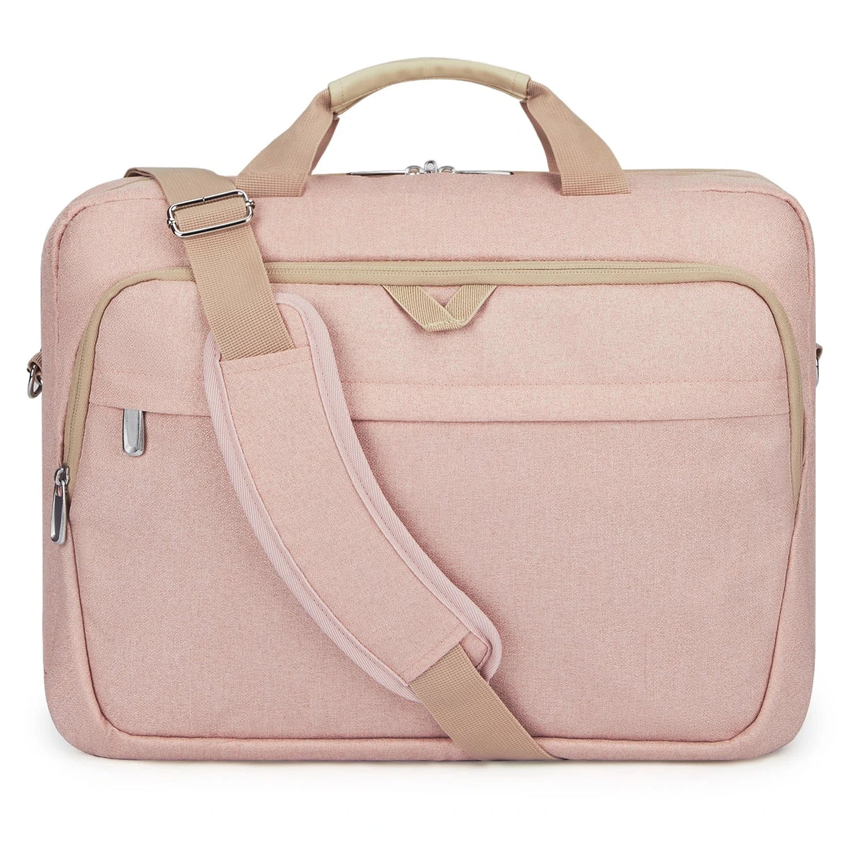 Sacoche pour ordinateur en tissu rose poudré, vue de face, avec sa bandoulière beige et sa poche zippée à l'avant.