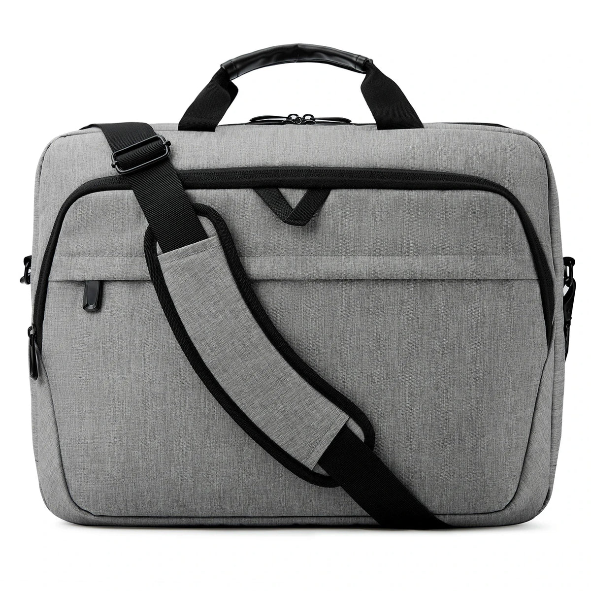 Sacoche pour ordinateur portable en toile gris chiné, vue de face sur fond blanc, avec poignée renforcée noire et bandoulière amovible réglable en travers de la façade.