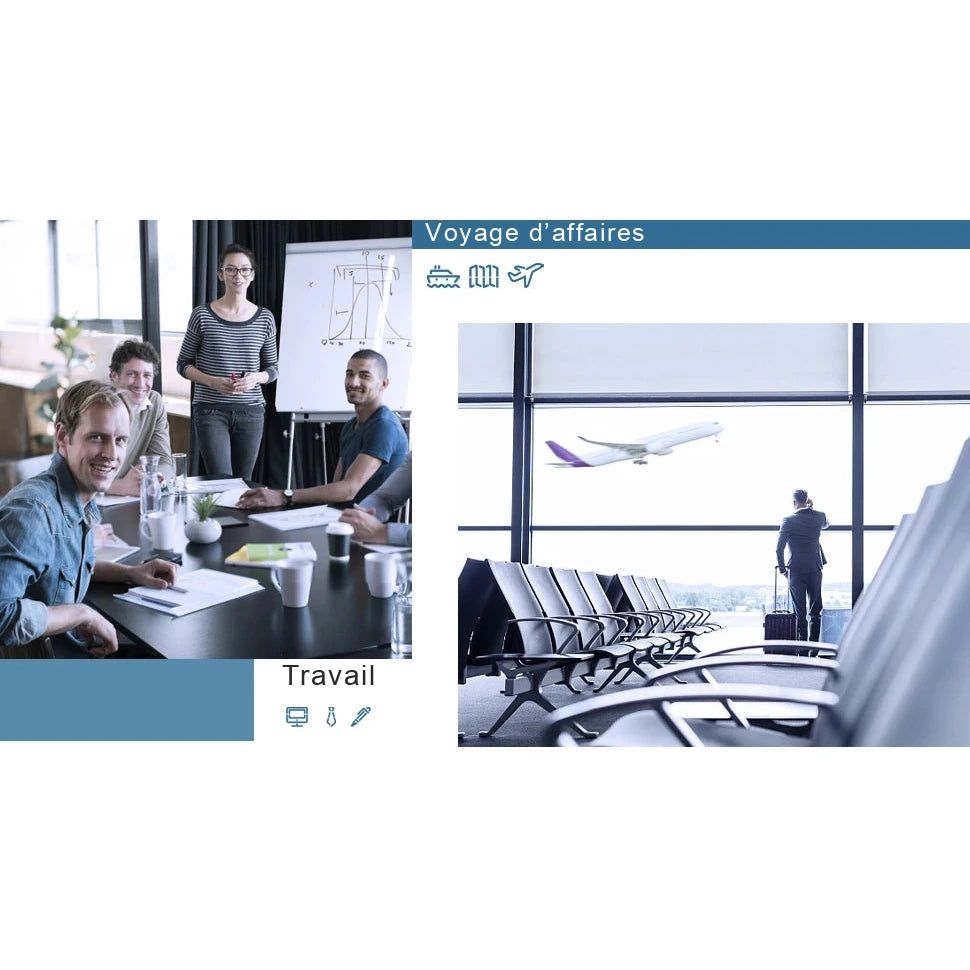 Montage de deux scenes d'usage : une reunion de travail autour d'une table et un voyageur en costume devant les baies vitrees d'un aeroport.