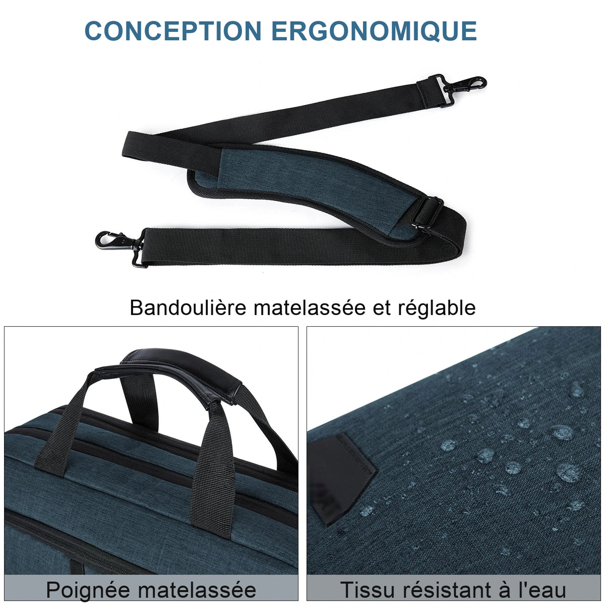 Sacoche ordinateur bleu ardoise : bandoulière matelassée réglable, poignée renforcée et gros plan sur le tissu perlé de gouttes d'eau.