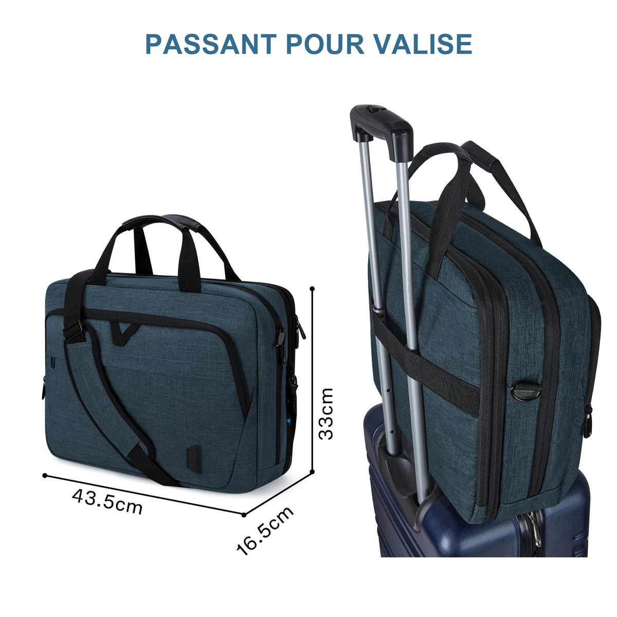 Sacoche pour ordinateur portable bleu pétrole avec passant pour valise, cotée 43,5 x 16,5 x 33 cm, posée à plat puis fixée sur la poignée télescopique d'une valise.