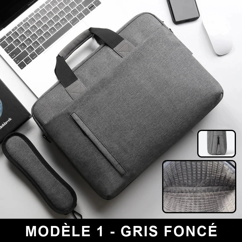 Sacoche à ordinateur portable en toile gris foncé, vue de dessus sur un bureau, avec deux vignettes montrant la fermeture éclair et la doublure alvéolée.