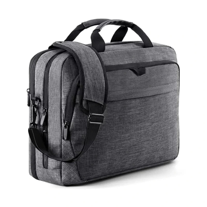 Sacoche pour ordinateur portable en toile gris chiné, vue de trois quarts, avec ses deux poignées et sa bandoulière amovible.