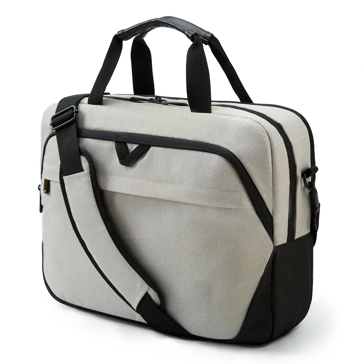 Sacoche pour ordinateur portable 17,3 pouces en tissu gris clair, poignées et bandoulière noires, poche avant zippée, vue de trois quarts sur fond blanc.