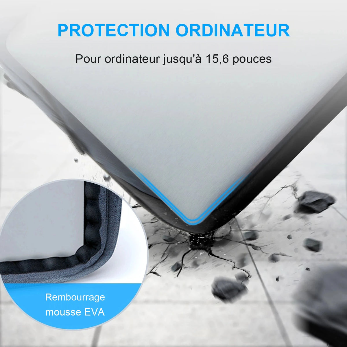 Angle d'un ordinateur portable dans sa housse heurtant un carrelage fissuré ; médaillon détaillant le bord matelassé de la housse