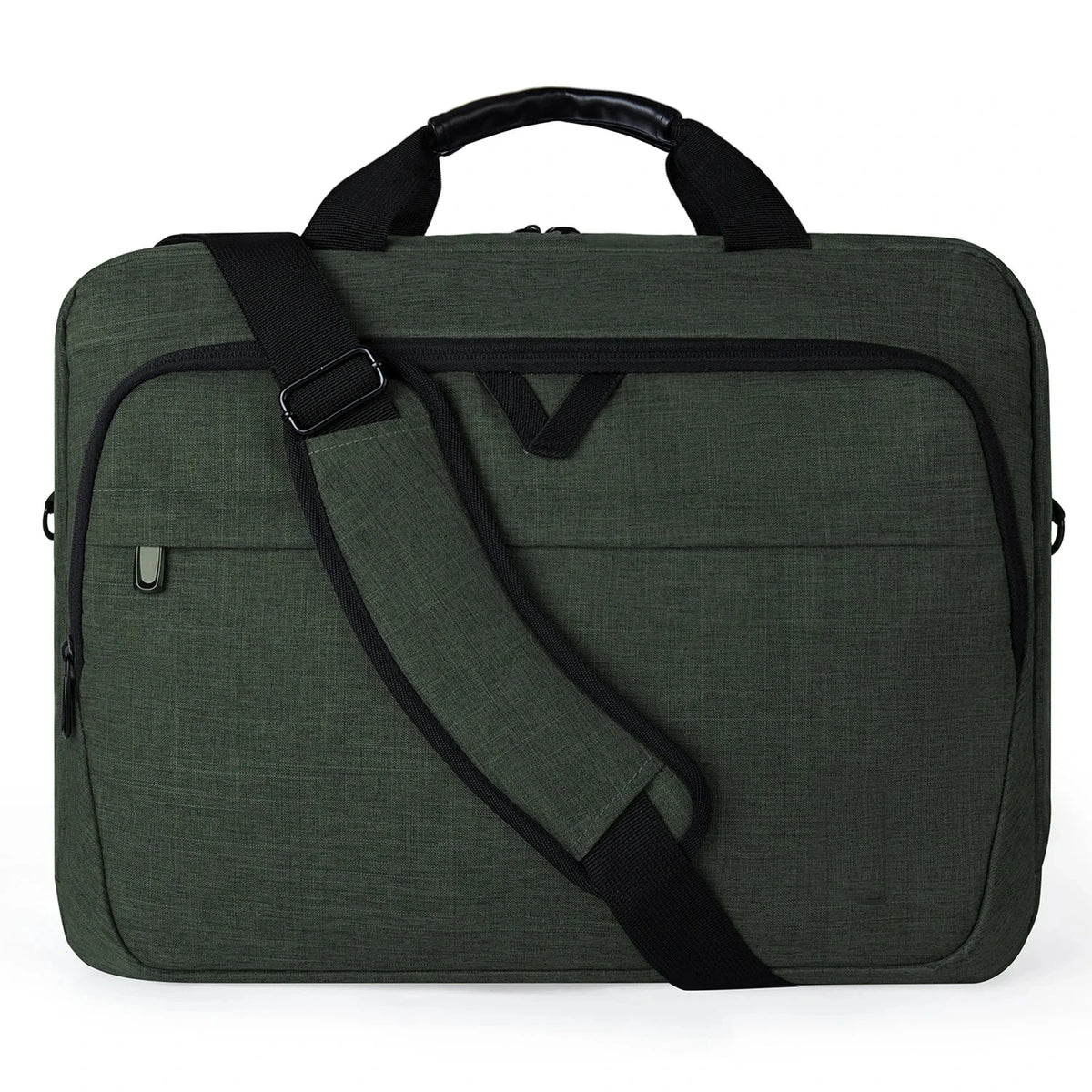 Sacoche pour ordinateur portable en tissu vert kaki chiné, avec poignée rembourrée, bandoulière réglable et poche zippée avant.