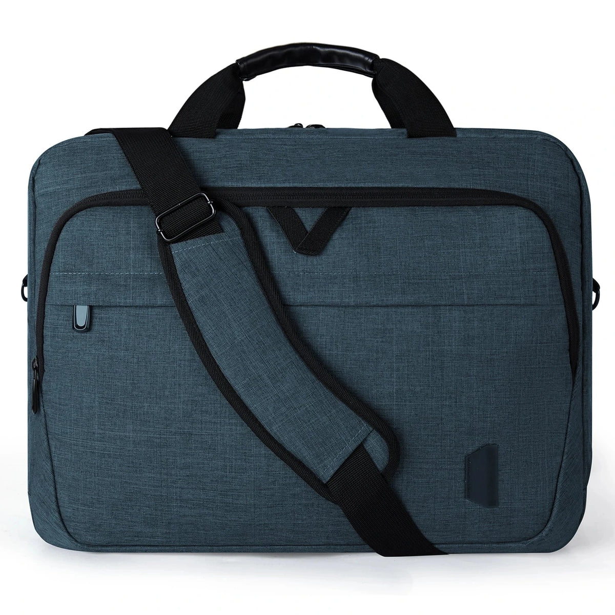 Sacoche pour ordinateur portable en toile bleu pétrole, vue de face, bandoulière matelassée posée en travers et poignées de transport.