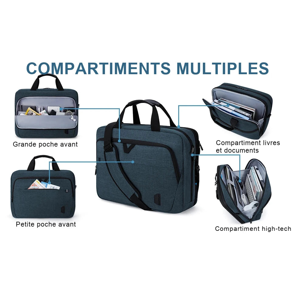 Sacoche ordinateur bleu marine vue de face, entouree de quatre vues rapprochees de ses compartiments ouverts : grande poche avant, petite poche avant, compartiment livres et documents, compartiment high-tech.