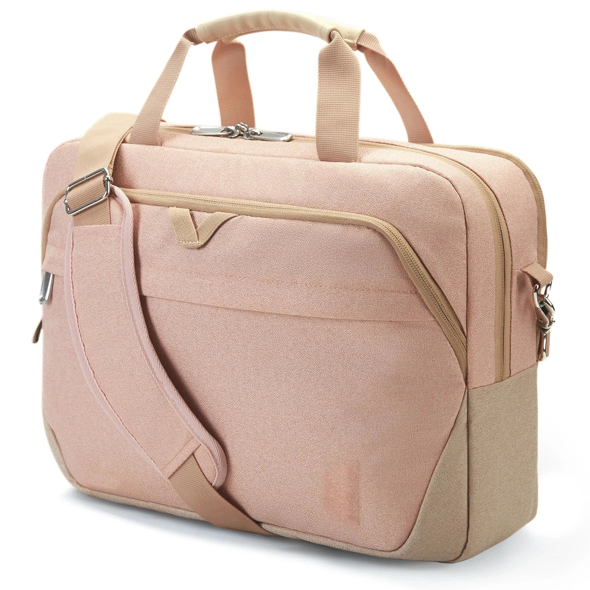 Sacoche pour ordinateur portable en tissu rose poudré, base texturée beige, poignées et bandoulière rembourrées, fermetures à glissière métalliques.