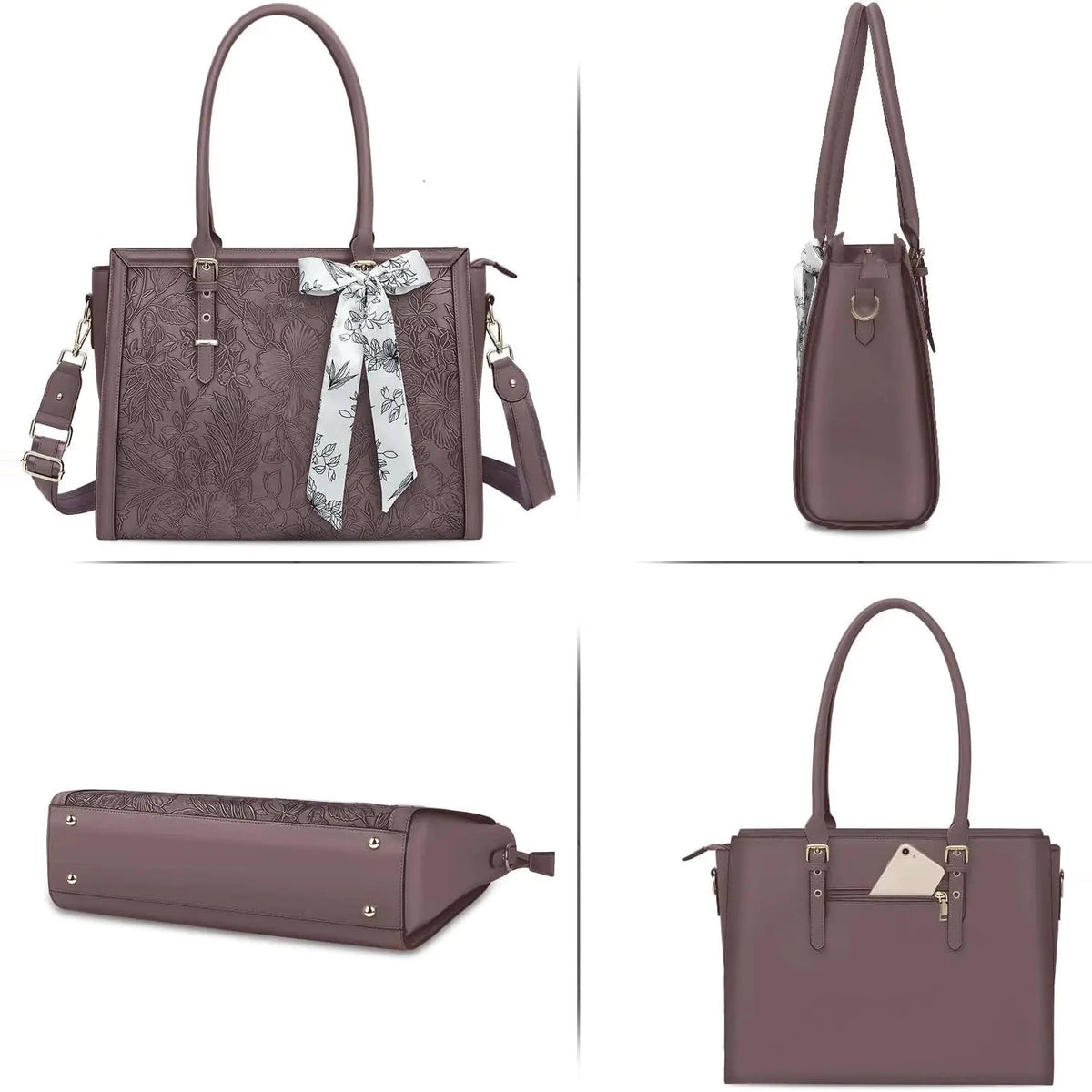 Quatre vues d'un sac à main prune en cuir gaufré de motifs floraux, avec foulard imprimé noué à l'anse, bandoulière amovible et poche arrière.