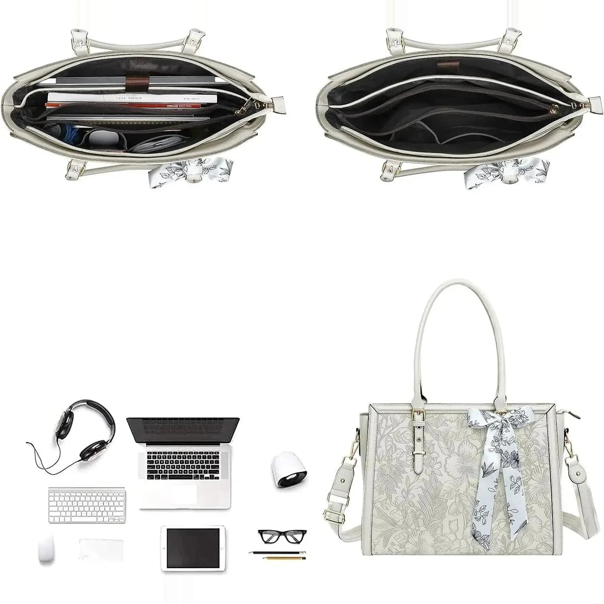 Planche de trois vues du sac ordinateur blanc cassé : deux intérieurs ouverts remplis d'un ordinateur et de carnets, et le sac de trois quarts entouré de ses accessoires de bureau.